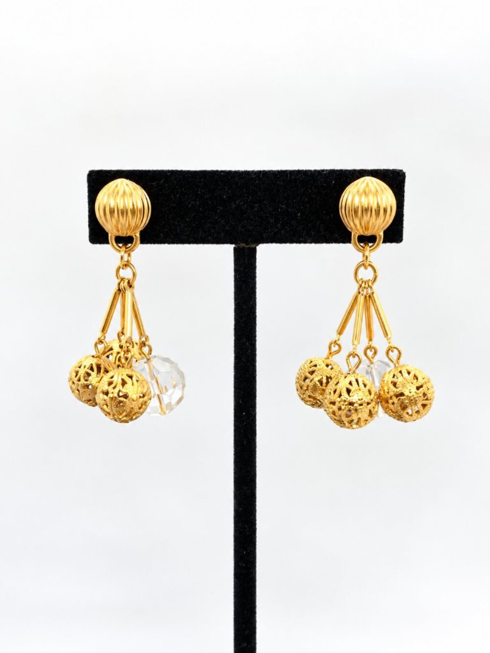 VINTAGE DANGLE EARRINGS Gold Tone Filigree Ball Clear Faceted Crystal Cluster